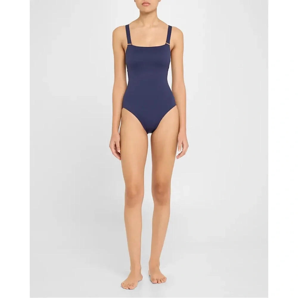 Becca Luxe‎ Square-Neck One-Piece Swimsuit Corset Back Indigo Blue 10